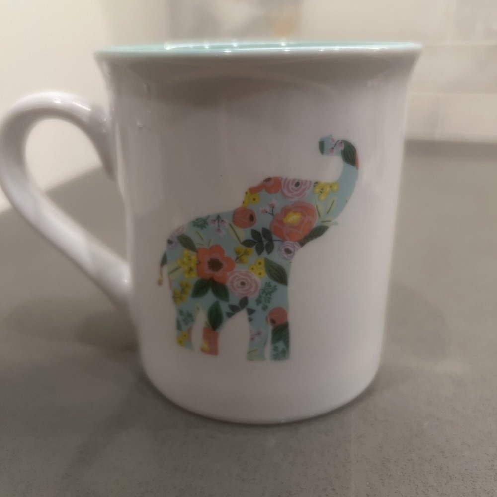 Love Your Mug Floral Elephant Good Luck Trunk Up Coffee Cup 16Oz White Teal